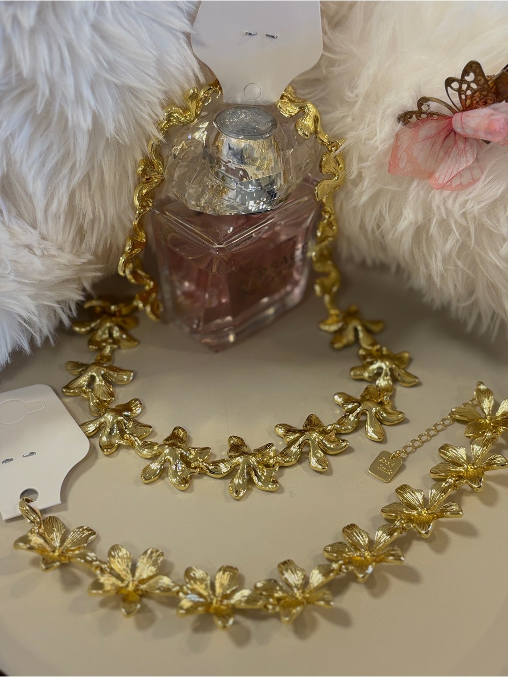 Gold Floral Statement Necklace and Bracelet Set - Women Jewelry